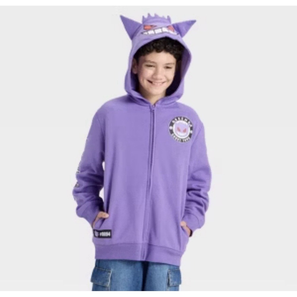Pokemon Gengar Hoodie Youth M Purple Ghost Type Spellout Zip Up Streetwear